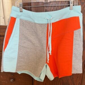 FP movement cotton color block shorts, waist laying flat 15, stretch to 19
